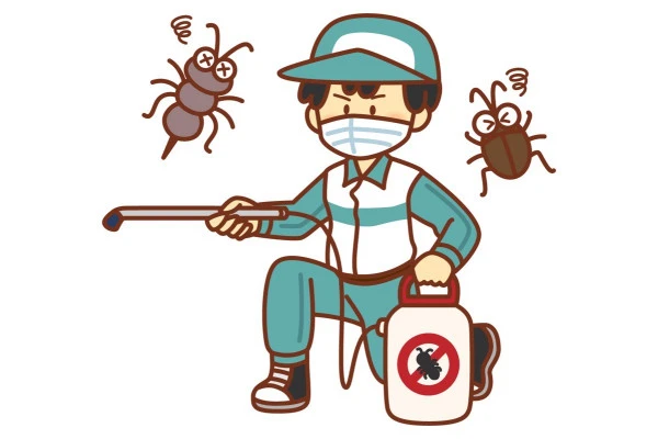 マスクを着けた作業員が噴霧器で害虫を駆除するイラスト