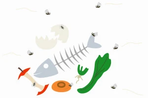 生ゴミの周りをコバエが飛び回っているイラスト