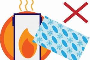 熱を持ったスマートフォンを保冷剤で冷やすのはNGをイメージしたイラスト