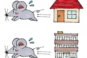 家から飛び出すねずみのイラスト