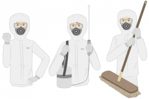 防護服を着て掃除用具を持った人の絵