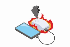 スマホに充電中に発火するモバイルバッテリーのイラスト