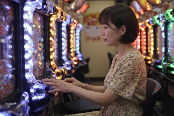 パチンコをする女性の写真
