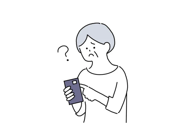 スマートフォンを見ながら悩む中年女性のイラスト