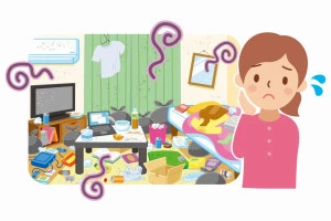 汚れた部屋と困る女性のイラスト
