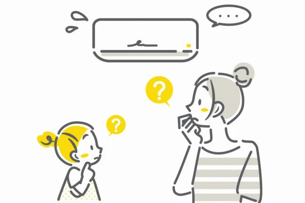 エアコンの状態を心配するお母さんと娘のイラスト