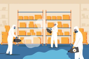 家の中に駆除剤を撒いてシロアリ駆除を行う専門事業者のイラスト