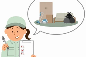 家具などの不用品とチェックリストを持った作業員の女性のイラスト