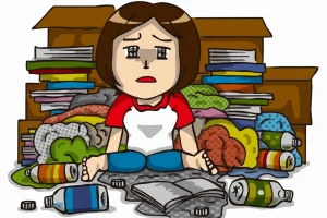 散らかった部屋でごみに囲まれる片付けられない女性のイラスト