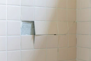 浴室の剥がれたタイルの写真