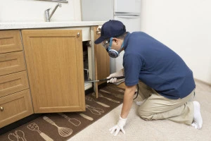 流しの下に薬を噴霧する害虫駆除の作業員の写真