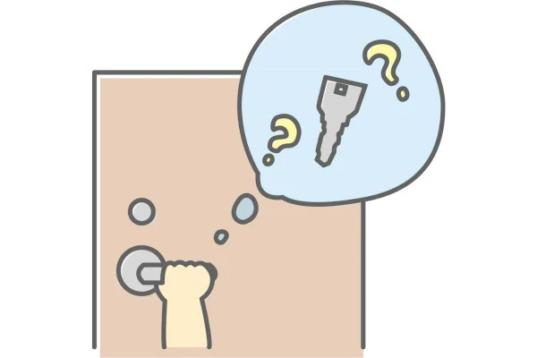 扉の前で家の鍵がないことに気づいたイラスト