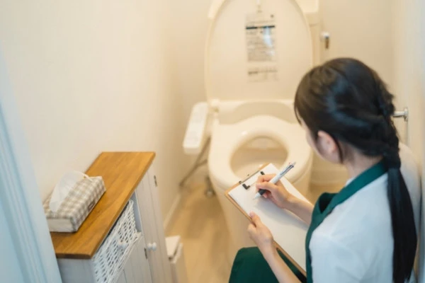 ウォシュレットを交換する前にトイレを確認している様子