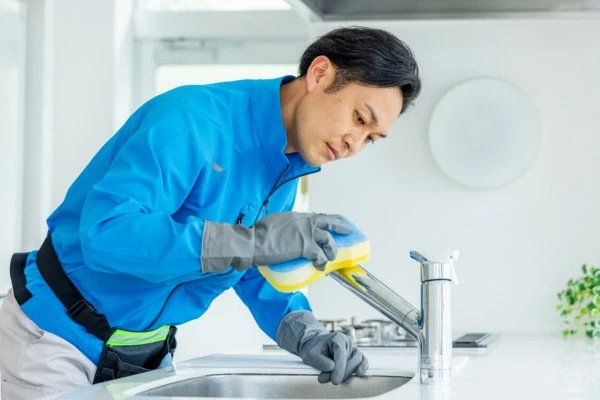 キッチンの掃除をする男性作業員の写真