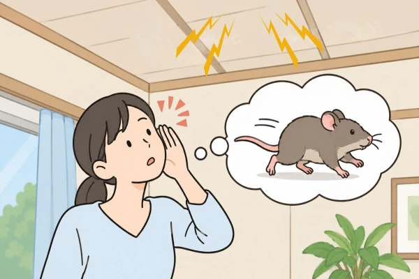 天井裏からネズミの足音が聞こえている様子