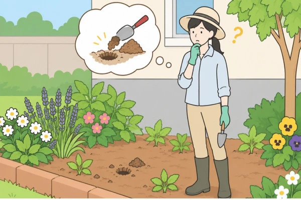庭にある穴を埋めていいか悩んでいる様子