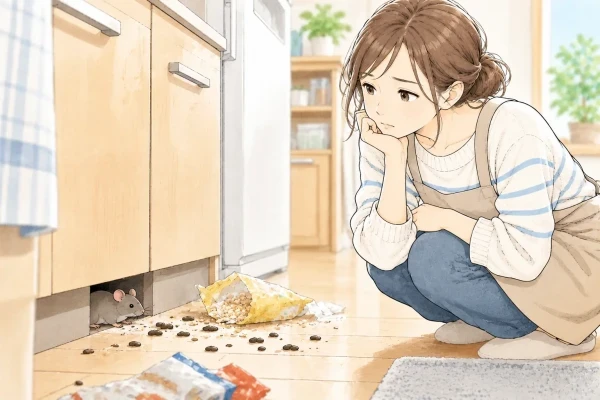 キッチンでネズミの被害を見つけて困っている女性