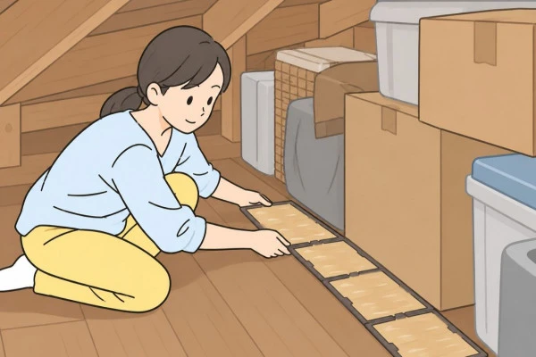 屋根裏部屋にネズミの捕獲シートを設置している画像