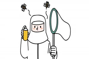 防具を着用してハチ駆除を行う人のイラスト