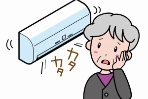 異音がするエアコンに困っているおばあさんのイラスト