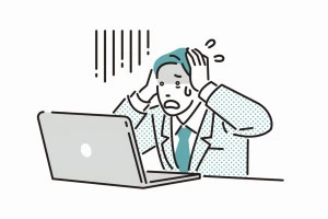 人物 パソコンを見ながら青ざめるビジネスパーソンの男性のイラスト