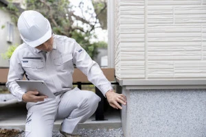 住宅の基礎部分を点検する作業服の男性の写真