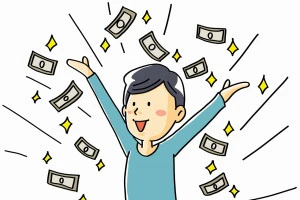 お札が降って喜んでいる男性の絵