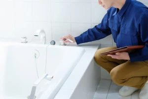 バスルームを点検する作業員の写真