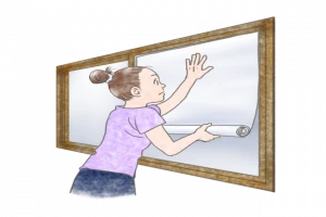 窓に防音シートを貼っている絵