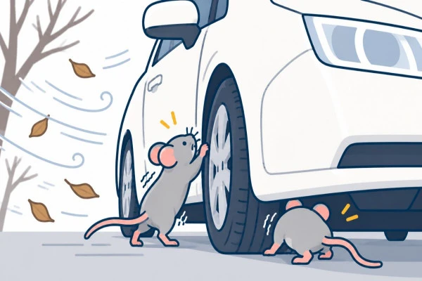 ネズミが暖を取るために車の中に侵入しようとしている様子