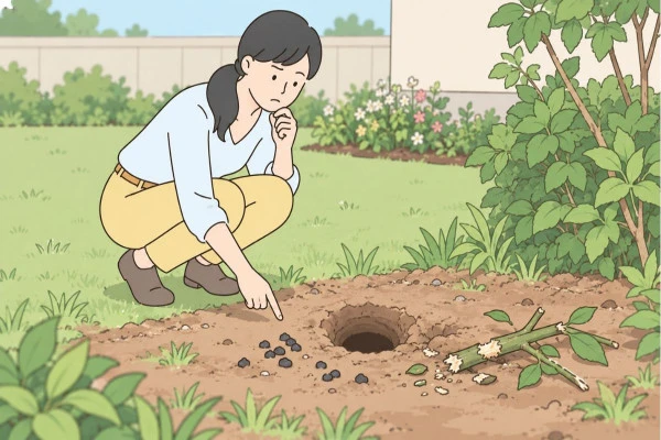 庭にある巣穴を見て悩む女性の画像