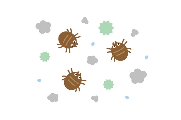 ほこりとともに複数のダニを描いたイラスト