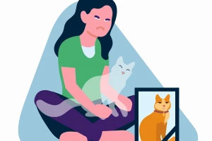 ペットの猫を亡くして悲しんでいる女性の絵
