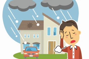 雹による住宅トラブルに悩む男のイラスト