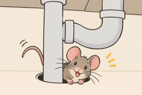 ネズミが排水管と床のすき間から顔を出している様子