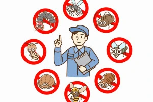 害虫駆除業者の男性と害虫駆除マークのイラスト