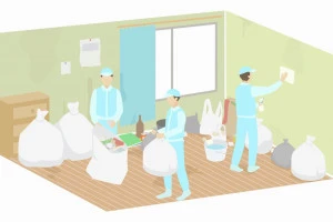 汚部屋を片付ける清掃サービスのスタッフのイラスト