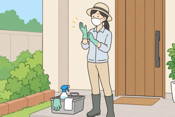ゴム手袋、マスク、帽子を着用する女性の画像