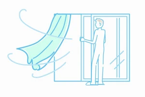 窓を開けて換気をしている絵