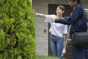 常緑樹の植栽の相談をしている事業者と依頼者の写真