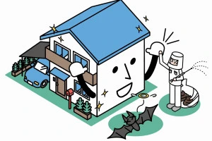 害獣のコウモリの駆除をおこなった一軒家のアイソメイラスト