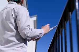 ベランダの調査を行う業者の写真