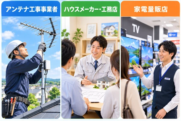 アンテナ工事事業者・ハウスメーカー・家電量販店を示す画像