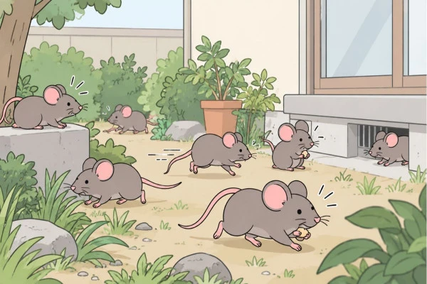 庭にネズミが群がっている様子