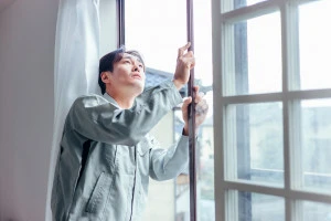 窓冊子を確認する作業着の男性の写真