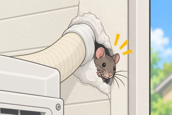 ネズミが壁の穴から顔をのぞかせている様子