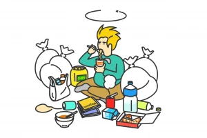 汚れた部屋でインスタント麺を食べている男性のイラスト