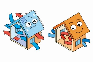 高気密高断熱住宅とすきまが空いている住宅のイラスト