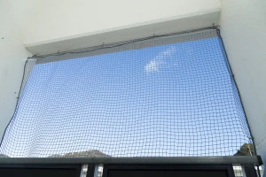 ベランダに設置された防鳥ネットの写真