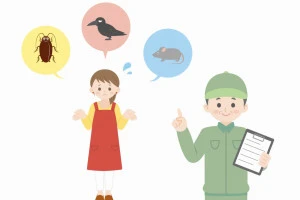 害鳥被害に困る女性と業者のイラスト